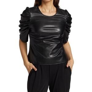 NWT $295 Cinq à Sept Erin Vegan Leather Top Women Sz XS Black Ruched Puff Sleeve